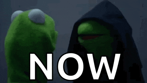 kermit the frog and darth vader are standing next to each other with the word now written in white