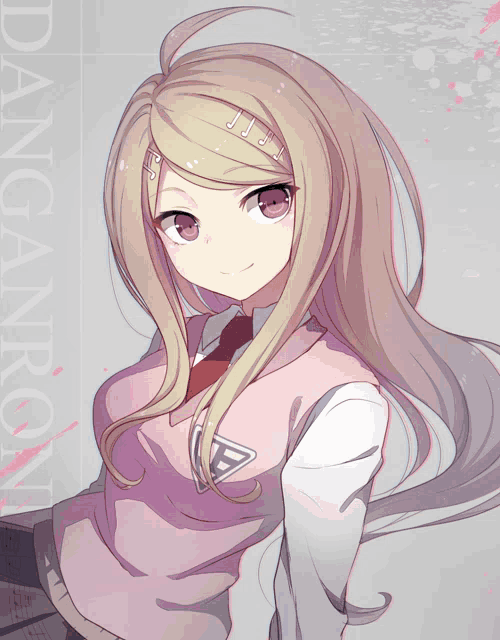 a drawing of a girl with the word danganron on the bottom left