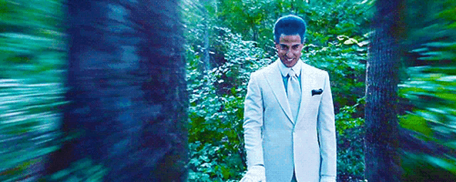 a man in a suit and tie is standing in a forest