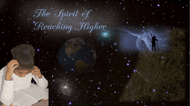 the spirit of reaching higher is written in blue on a dark background