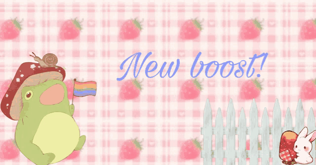 a frog is holding a rainbow flag in front of a pink background that says " new boost "