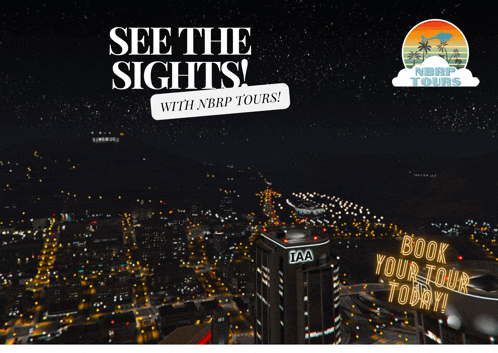 an advertisement for nbrp tours shows an aerial view of the city at night