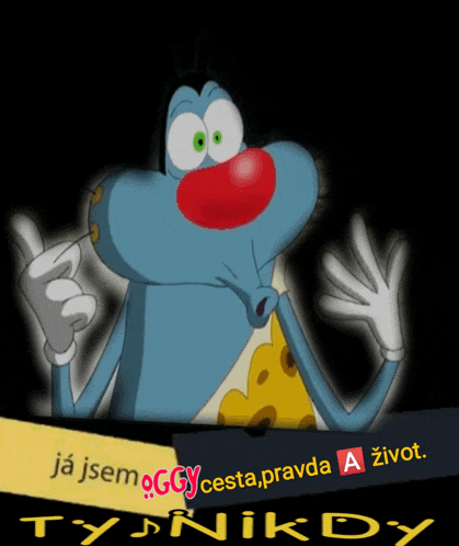 a cartoon character with a red nose is holding a sign that says " ja jsem oggycesta.pravda a život "