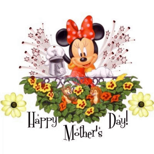 a picture of minnie mouse watering flowers for mother 's day