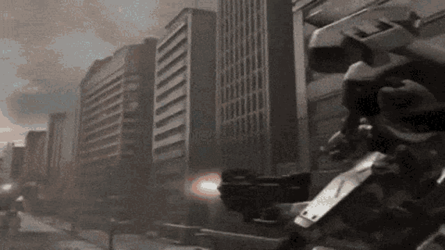 a robot is standing in front of a city with tall buildings .