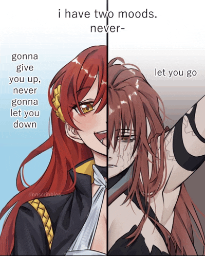 a drawing of a girl with red hair says i have two moods never