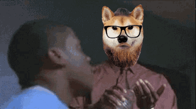 a dog with glasses and a beard is standing in front of a man