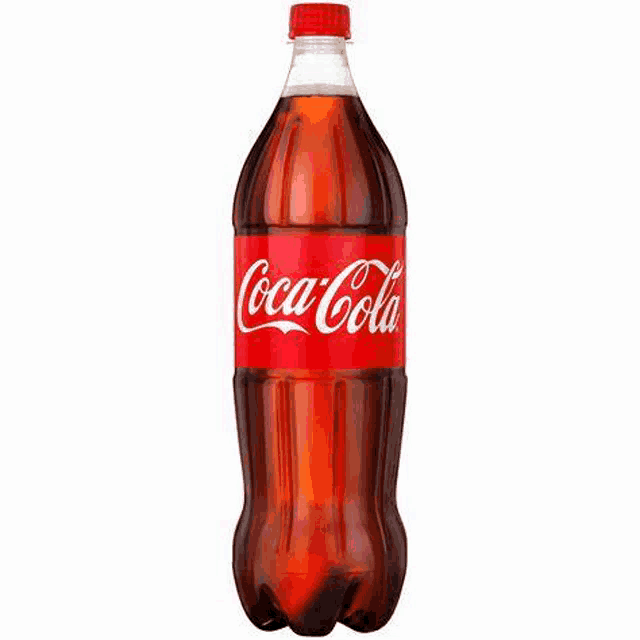 a plastic bottle of coca cola with a red cap on a white background .