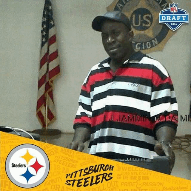 a man in a striped shirt with the pittsburgh steelers logo in the corner