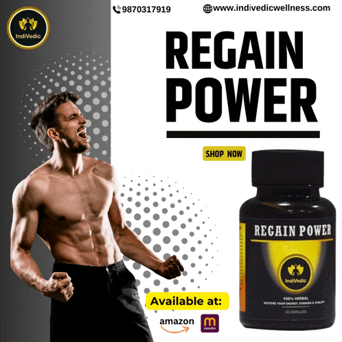 a bottle of regain power is shown next to a man