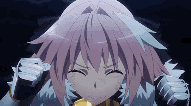 a girl with purple hair and white gloves is making a funny face