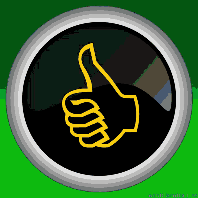 a black button with a yellow hand giving a thumbs up on it