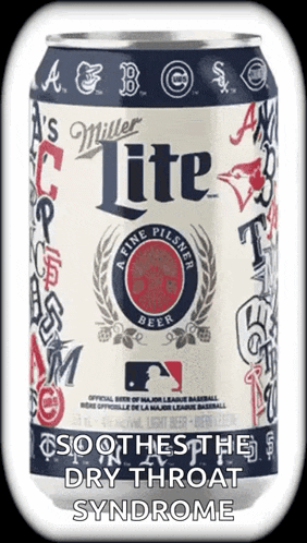 a can of miller lite beer with the words soothes the dry throat syndrome on it