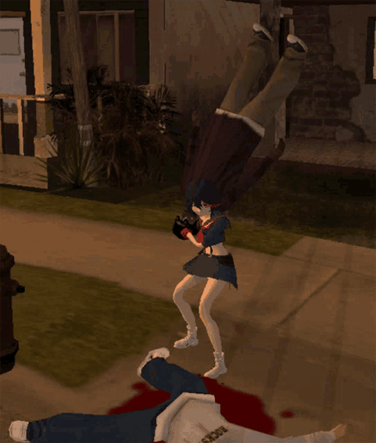 a video game shows a girl kicking a man in the face who is laying on the ground