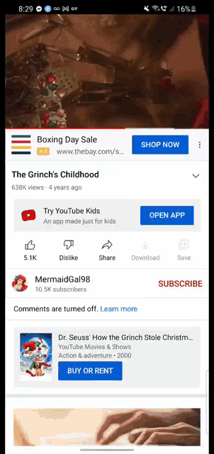 a screen shot of a youtube app called the grinch 's childhood