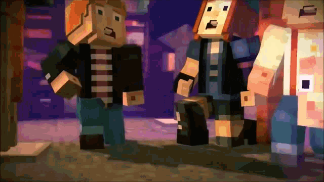 a couple of minecraft characters are standing next to each other on a street