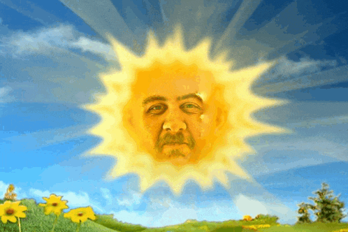 a sun with a man 's face on it in a field of flowers