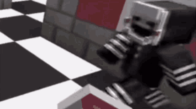 a minecraft character is standing in a room with a checkered floor .