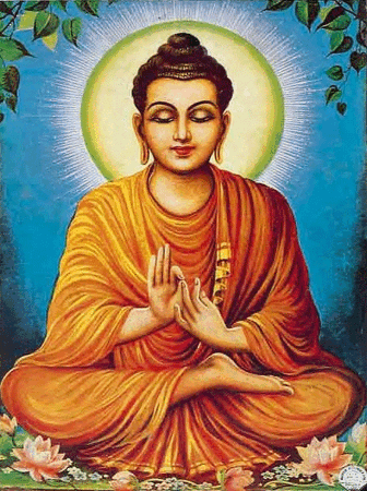 a painting of buddha sitting in a lotus position with his eyes closed