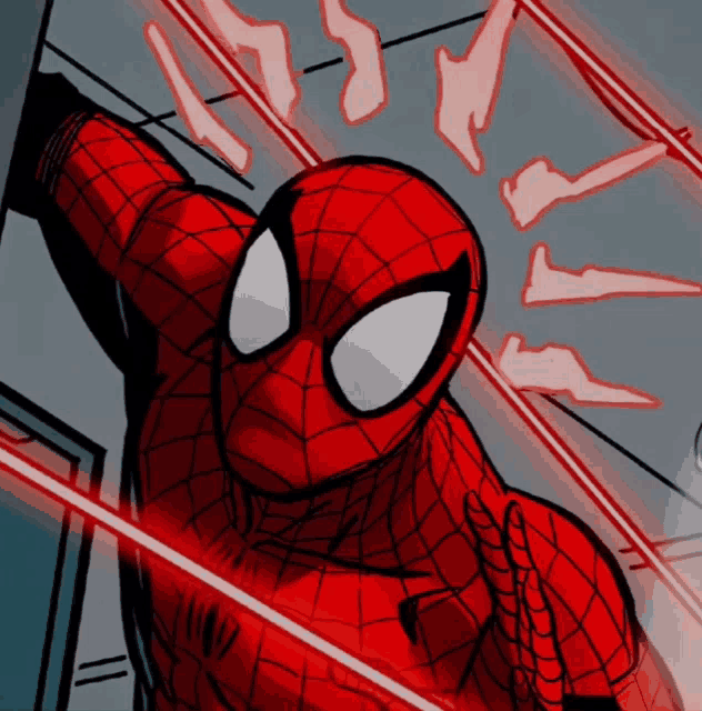 a comic book character named spider-man is standing in front of a red light