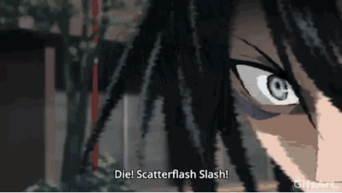 a close up of a person 's face with the words die scatterflash slash on the bottom