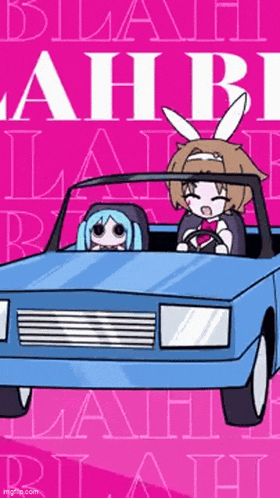 a cartoon of a girl driving a car with a pink background that says " lahb "