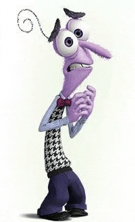 fear from inside out is a purple cartoon character with a long nose and a bow tie .