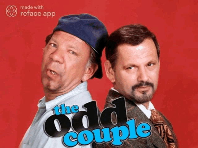 two men standing next to each other with the odd couple written in blue