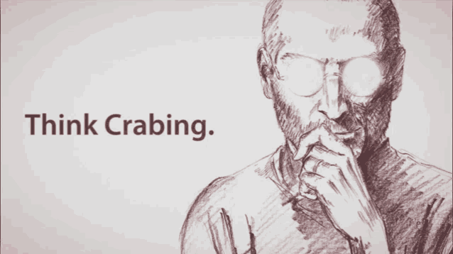 a drawing of a man with glasses and the words think crabiing below him