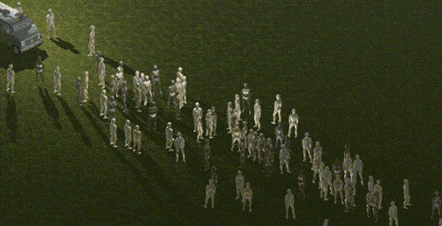 a group of people are gathered around a van on a grassy field