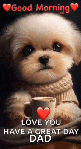 a puppy is holding a cup of coffee with a heart on it and says good morning love you have a great day dad