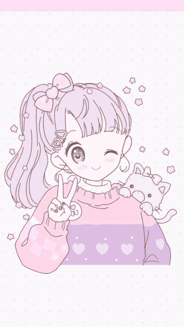 a girl with purple hair is giving a peace sign