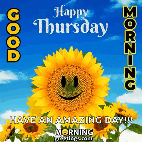 a picture of a sunflower with a smiley face and the words happy thursday have an amazing day