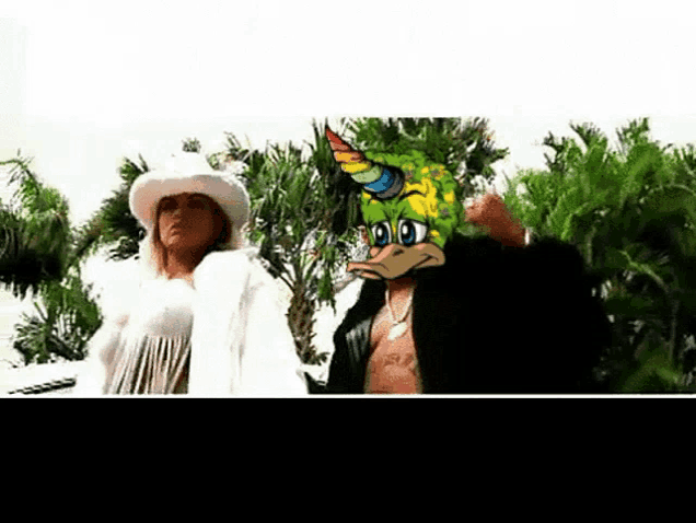 a woman in a cowboy hat stands next to a man wearing a duck mask with a rainbow horn