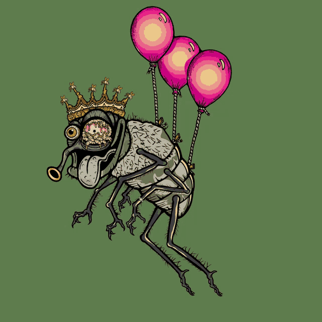 a cartoon drawing of a fly wearing a crown and three pink balloons