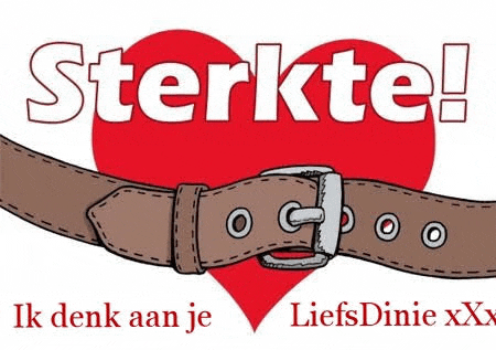 a brown belt is tied to a red heart with the words `` sterkte '' written on it .