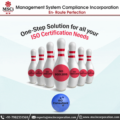 a poster for management system compliance incorporation shows bowling pins and a blue ball