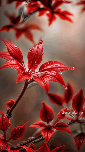 a close up of red flowers with water drops on them