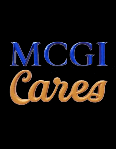 mcgi cares logo on a black background with gold letters