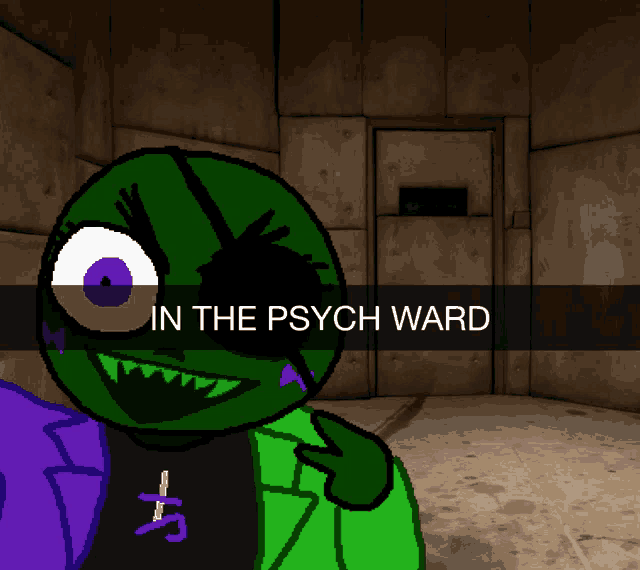 a cartoon character is standing in a dark room with the words in the psych ward below him