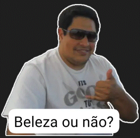 a man wearing sunglasses is giving a thumbs up and has a speech bubble that says beleza ou não ?