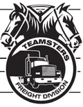 a black and white logo for teamsters freight division with two horses .