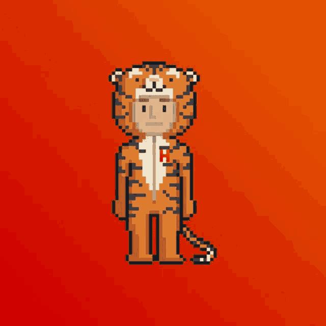 a pixel art of a man dressed in a tiger costume