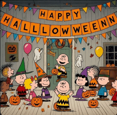 a group of peanuts characters are celebrating halloween under a happy halloween banner