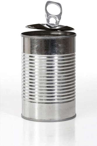 an empty tin can with the lid open and a pull tab