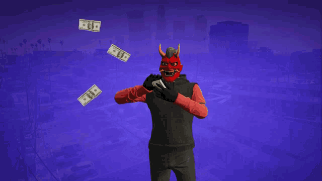 a man wearing a red demon mask is holding a remote control while money falls around him