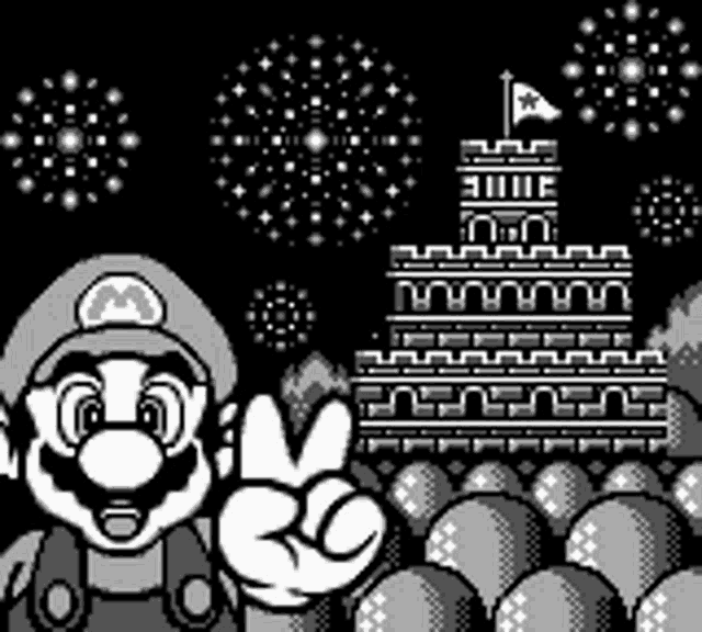 a black and white cartoon of mario standing in front of a castle with fireworks in the background .