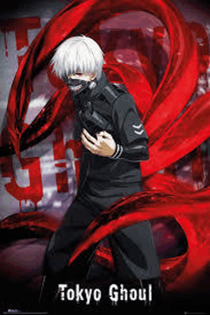 a poster for tokyo ghoul shows a man with a mask on holding a gun .