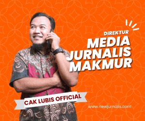 a man talking on a cell phone with the words " direktur media jurnalis makmur " above him