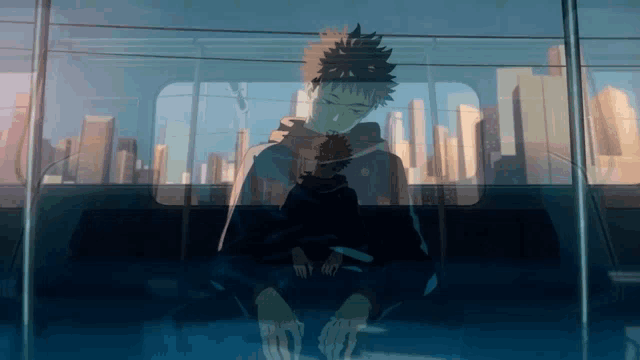 a drawing of a man sitting on a bus with a city in the background